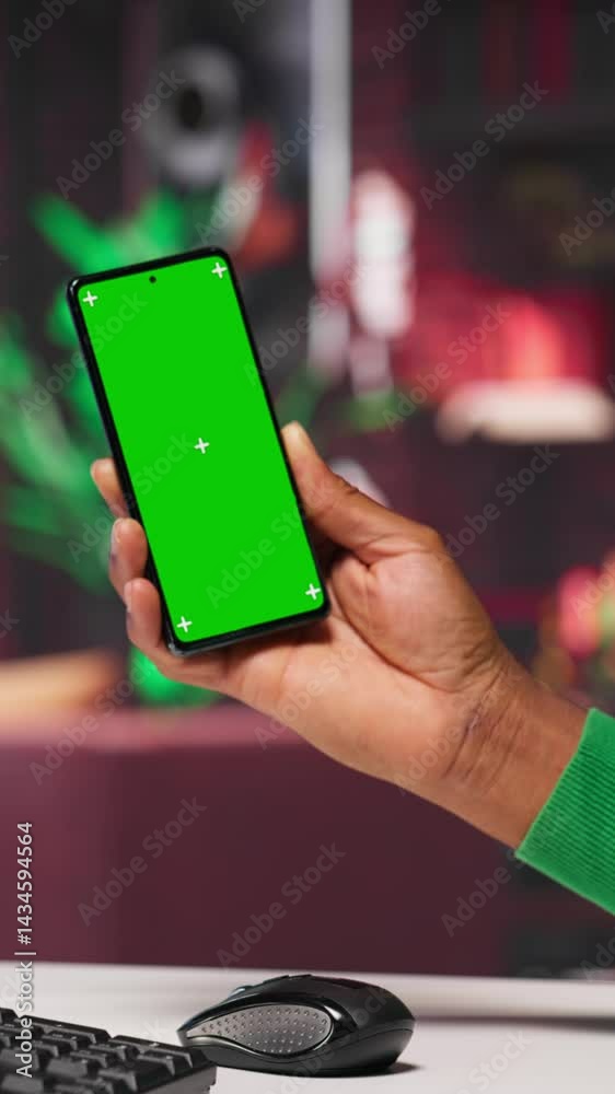 Poster vertical video black guy interacting with intelligent ai chatbot on pc next to copy space screen, us