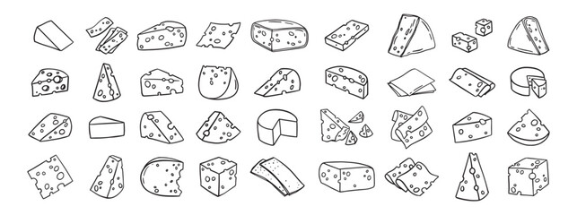 Cheese Doodle hand drawn line icon set. Different piece slice cheese for menu, design restaurant, cafe