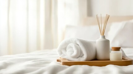 A stylish spa tray featuring soft towels and a natural decor arrangement, portraying a sense of wellness and tranquility, inviting relaxation and self-care in a peaceful setting.