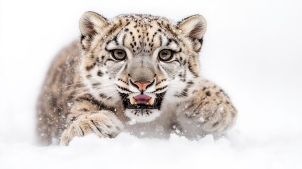 Obraz premium A captivating snow leopard positioned in a snowy landscape, showcasing its stealth and grace while hunting in a serene winter setting filled with softly falling snowflakes.
