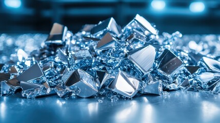 A captivating collection of shiny metallic pieces is artfully arranged, their reflective surfaces and geometric shapes creating an intriguing modern visual display.