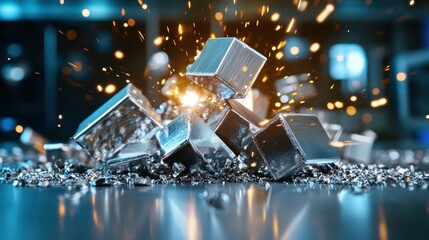 A dramatic image captures shiny metallic cubes in explosive motion, emitting sparks and energy, creating a visually striking and dynamic scene filled with excitement.