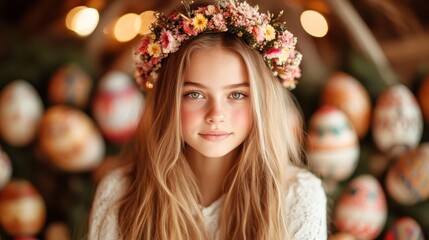 A young girl embodies beauty and innocence, wearing a vibrant flower crown while radiating joy in front of an array of beautifully designed Easter eggs, celebrating life.
