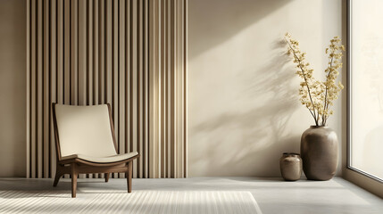 Room interior mockup in beige tones with a wooden chair and wood panel decor.