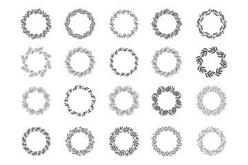 Set of hand drawn round spring wreaths isolated. Collection doodle floral frames. Silhouette circle of leaves.