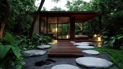 Obraz premium A peaceful modern dwelling nestled amongst greenery, highlighting harmony between architecture and nature, ideal for relaxation and a tranquil lifestyle.