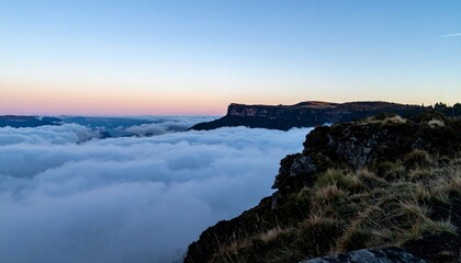Wide shot from the edge of a mountain cliff at twilight with low clouds rolling in below