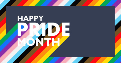 Happy Pride Month Banner with Progress Pride Flag Color Shadow and Border on Gray Background. Vector Illustration