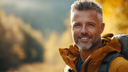A mature man is depicted in a portrait set against a scenic backdrop of mountains and forests, displaying a happy expression during the winter season