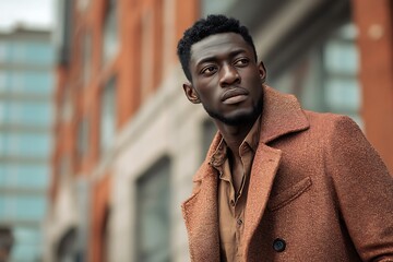 Fototapeta premium stylish man in brown coat in urban bold canvas 