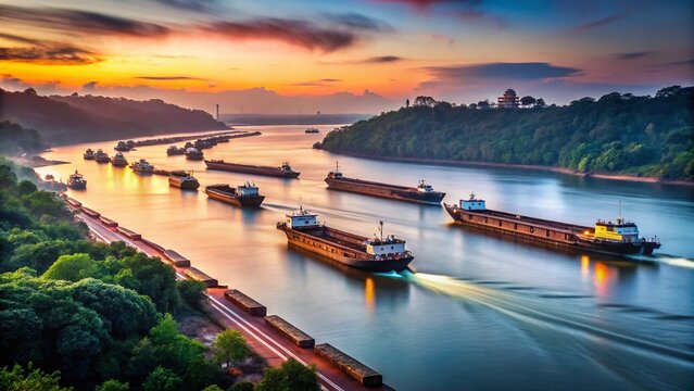 Goa, India: Long Exposure of Cargo Barges on Mandovi River Transporting Iron Ore