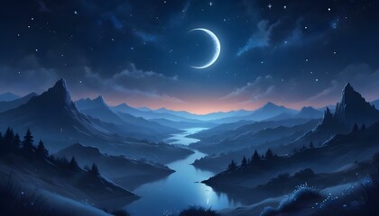 Fototapeta premium A breathtaking night scene features a crescent moon above majestic mountain silhouettes.