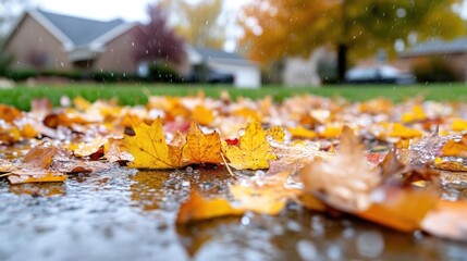 Autumn leaves on wet pavement.  Rain falling on colorful leaves