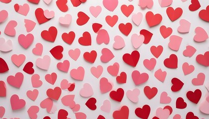A collection of handcrafted red and pink paper hearts scattered on a white backdrop.