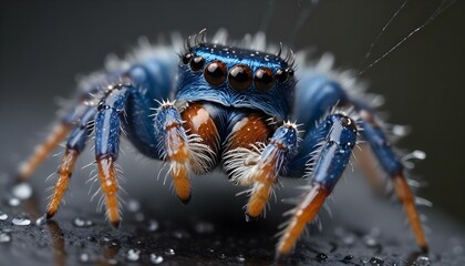 Striking macro shot of a vibrant blue jumping spider with orange legs and intricate details.