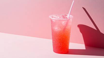 refreshing pink cold drink in clear cup with ice and straw against pink background
