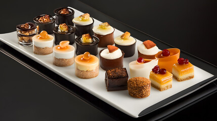 selection of elegant mini desserts on white platter showcases variety of flavors and textures, perfect for fine dining