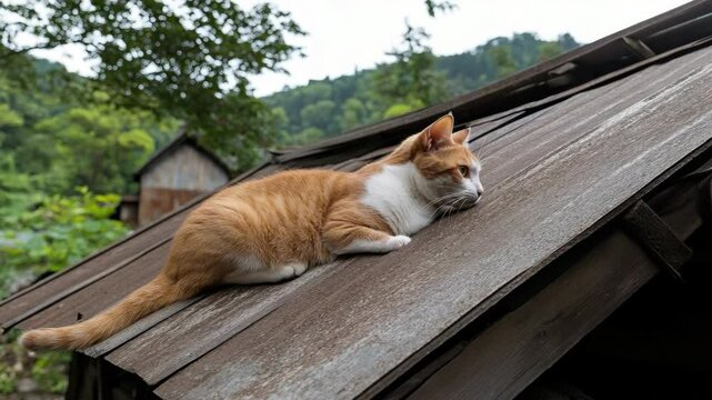 Ginger and white cat lying prone on weathered wooden roof, with lush green trees and shed visible in background, enjoying the outdoors.