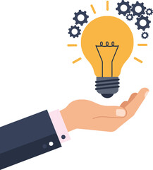 Hand Holding Bright Yellow Light Bulb with Black Gears Symbolizing Innovation and Ideas Vector Illustration