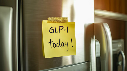 Reminder note on a refrigerator indicating GLP-1 medication to be taken today for health management purposes
