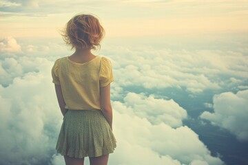 A woman in pastel attire is visible from behind, situated within a symmetrical and dreamlike vintage film scene that echoes the aesthetic of a classic landscape postcard, complete with retro