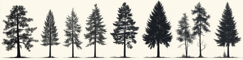 Fototapeta premium Isolated and hand-drawn, bare tree silhouettes are depicted on a white background, showcasing dead trees, including a ghost tree with a scary face for Halloween