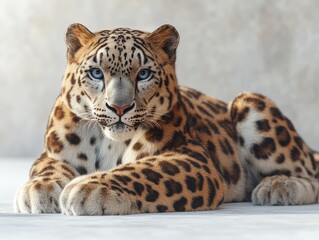 Fototapeta premium Majestic snow leopard resting, indoor studio shot
