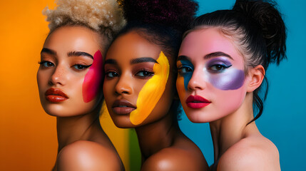Obraz premium Three diverse women with vibrant face paint pose against colorful background, showcasing creativity and unity