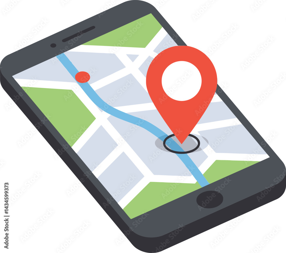 Wall mural smartphone with map and red location pin showing navigation route on screen vector illustration