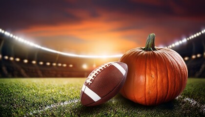 Thanksgiving Football and autumn sports ball as an American sport during the Fall season or field goal and a touchdown on a field with Halloween pumpkin