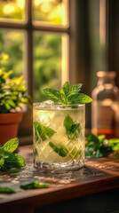 Fototapeta premium Mint leaves enhance refreshing mojito cocktail in bright kitchen setting with lush greenery on the side