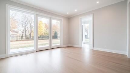 Fototapeta premium Empty sun-drenched room with large windows