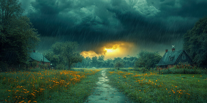 Summer storm approaching with pre-storm stillness over vibrant meadows and rustic cottages