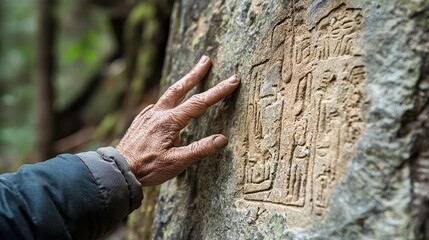 Ancient Stone Carving Petroglyphs Hand Touching Detailed Texture Old Rough Surface Exploration History Mystery Archaeological Discovery Cultural      