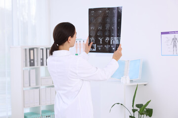 Doctor examining MRI scan in hospital, back view