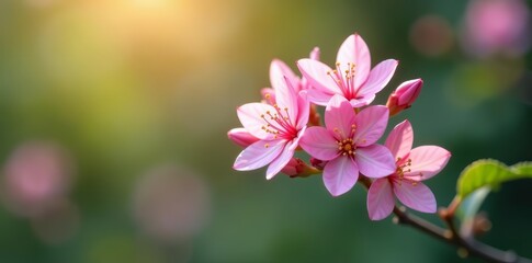 Fototapeta premium Soft focus on delicate pink flowers in bloom on plant stem, gardening, macro