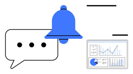 Blue alert bell with a chat bubble showing communication and a screen displaying graphs and analytics. Ideal for messaging, updates, notifications, data analysis, teamwork, digital communication