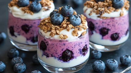A delightful presentation of layered blueberry parfaits with fresh granola and creamy yogurt in glasses.