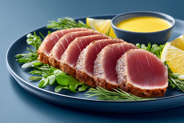 Seared Tuna Platter: The culinary delight of perfectly seared tuna slices arranged artfully on a platter, accompanied by fresh herbs and vibrant lemon wedges.