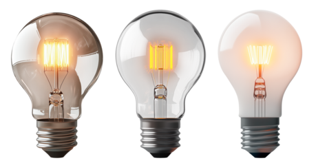 A set of transparent light bulb with glowing filament, isolated on a transparent background. Classic incandescent lamp for electricity, lighting, and energy concepts.