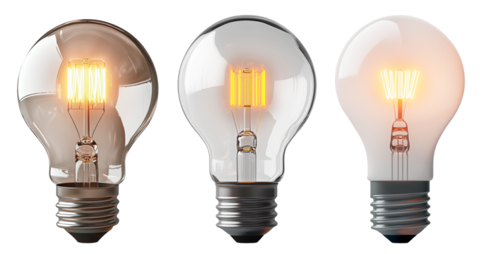 A set of transparent light bulb with glowing filament, isolated on a transparent background. Classic incandescent lamp for electricity, lighting, and energy concepts.