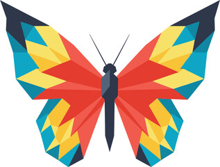 Obraz premium Colorful butterfly with geometric wings vector illustration in red yellow and blue shades symmetrical design for nature graphics 