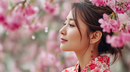 Fototapeta premium Elegant Woman In Kimono Surrounded By Cherry Blossoms