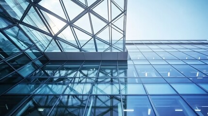 Fototapeta premium Construction of a Modern Office Building With Geometric Roof Design Transparent Glass Walls and Steel Frame Structure