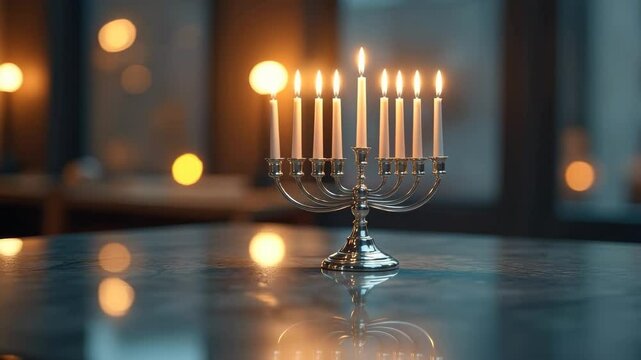 A menorah with all nine candles lit sits on a table, casting a warm glow in a dimly lit room. Concept of: Hanukkah celebration.