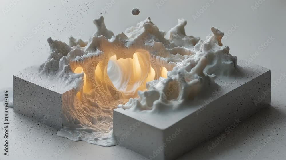 Wall mural a sculptural display of flowing texture resembling waves and soft forms illuminated from within, cre
