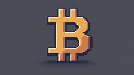 Obraz premium Bitcoin Pixel Art Golden cryptocurrency on a grey background, showcasing digital finance