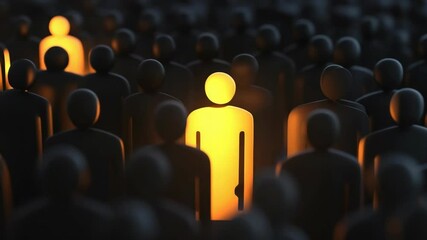One glowing figure stands out in a crowd of dark figures, symbolizing individuality and leadership in business concepts, a golden opportunity among competition.