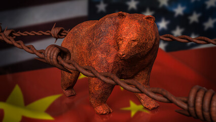 The Bear on China and America flag Background 3d Rendering..