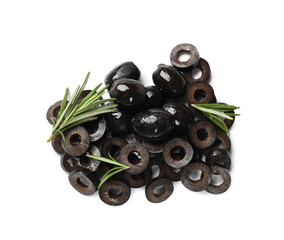 Marinated black olive rings, whole fruits and rosemary isolated on white, top view